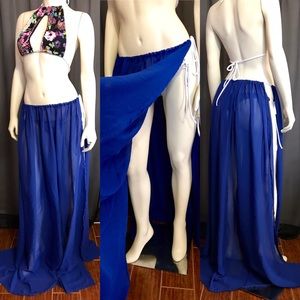 blue floorlength double full slit sheer skirt.